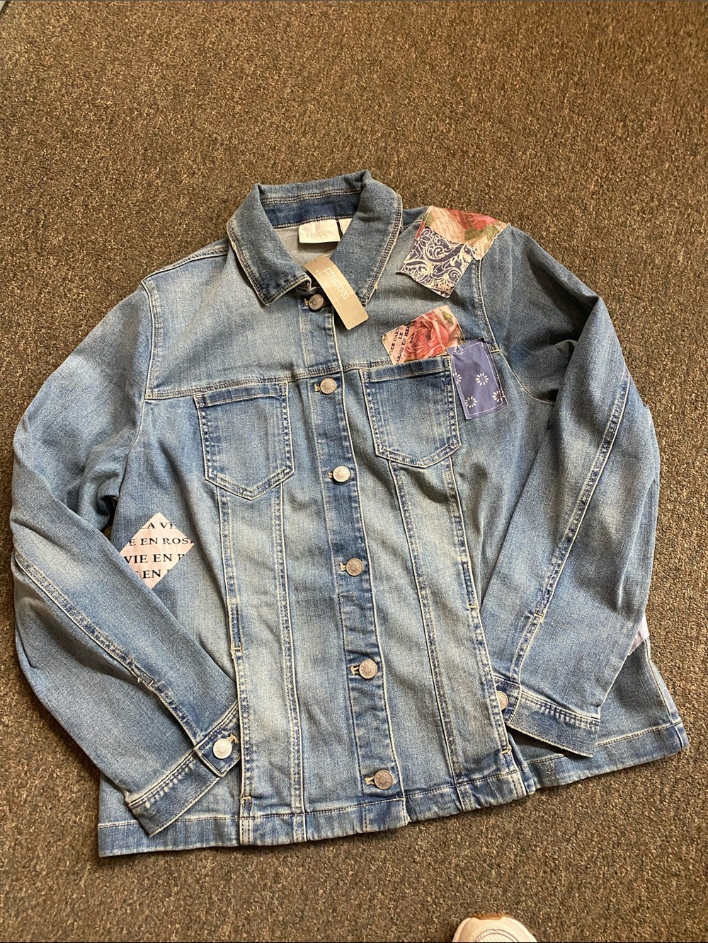 Chico's Light Blue Denim Jacket with Patchwork Accents